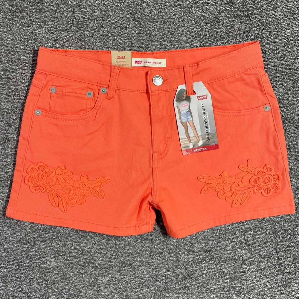Levi's Girls 16 Regular Girlfriend Shorts Orange Coral Floral Lace Stretch NWT